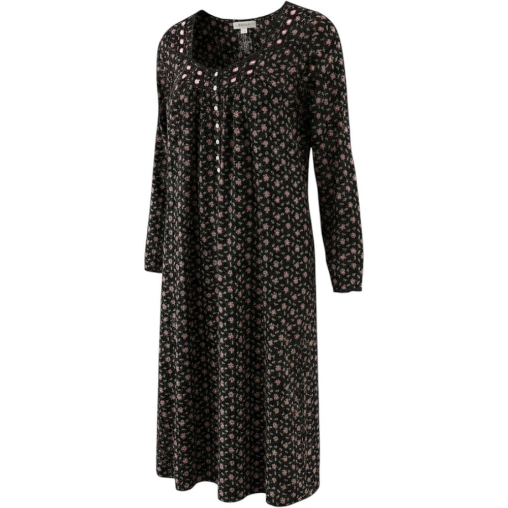 Eileen West 100% Cotton Black Floral Long Sleeve Scoop Neck Button Nightgown L